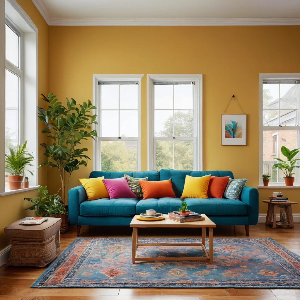 A cozy and spacious rental living room with a warm and inviting atmosphere, featuring large windows allowing natural light to flood in, tasteful and budget-friendly decor, and a comfortable sofa adorned with colorful cushions. Include a small indoor plant for a touch of greenery and a coffee table with books and a steaming cup of tea. The overall ambiance should convey a sense of tranquility and comfort. vibrant colors. super-realistic.