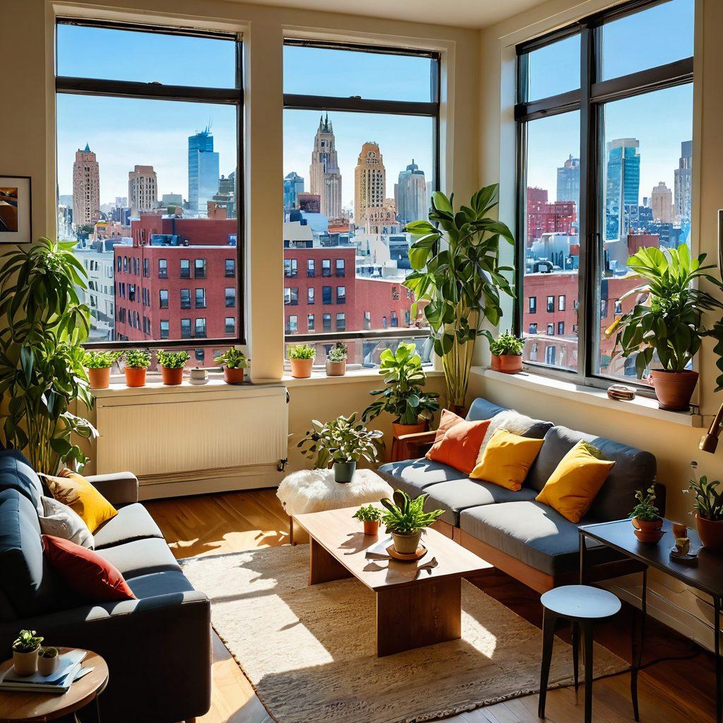 A vibrant and inviting scene of a cozy, affordable apartment filled with warm sunlight, showcasing cheerful decor and lively plants in the windows. Happy individuals of diverse backgrounds enjoying their space with laughter, emphasizing joy and comfort. A picturesque city skyline visible through the window, symbolizing opportunity. Bright colors and a sense of openness and harmony. super-realistic. vibrant colors. warm lighting.
