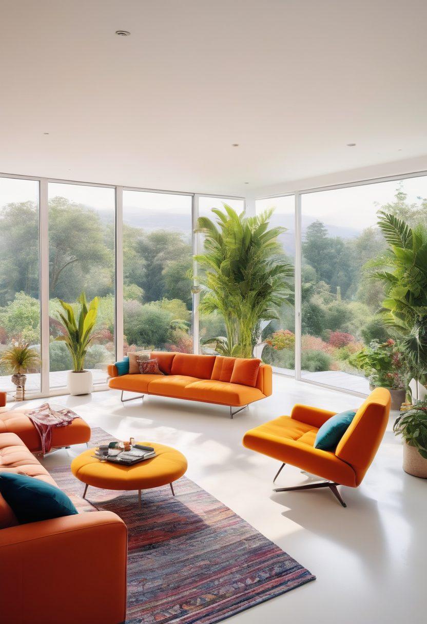 A wide-angle view of a modern, cheerful home with large windows showcasing stunning panoramic landscapes, bright and airy interior spaces filled with lively colors, plants, and stylish furniture, inviting natural light pouring in, and people enjoying different activities around the house. super-realistic. vibrant colors. white background.